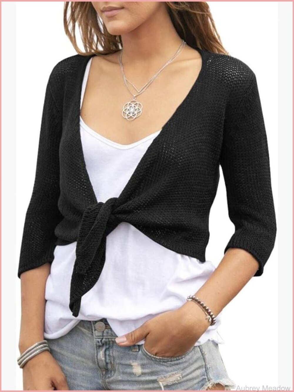 Women's Tie Front Shrug 3/4 Sleeve Bolero Sheer Knotted Cardigan